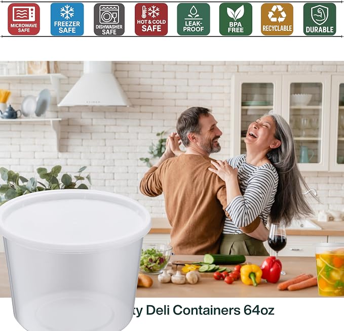 64oz [50 set] Heavy Duty Plastic Deli Container | BPA-Free Food Storage with Airtight Leak‑Proof Lids | Microwave, Freezer & Dishwasher Safe – Stackable, Bulk Reusable Soup & Meal Prep Tub