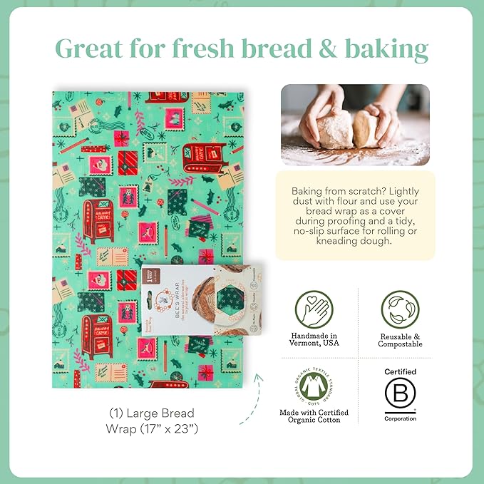 Bee's Wrap Beeswax Wraps for Bread - Beeswax Bread Wrap for Sourdough & Bread Storage - Plastic Free Made in USA Reusable Natural Food Wrap - Seasons Greetings