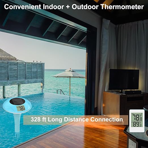 Wireless Pool Thermometer, Digital Pool Thermometer Floating Easy Read–IPX8 Waterproof Solar Temperature Gauge for Aquarium, Pond, 328 Feet Long Connection
