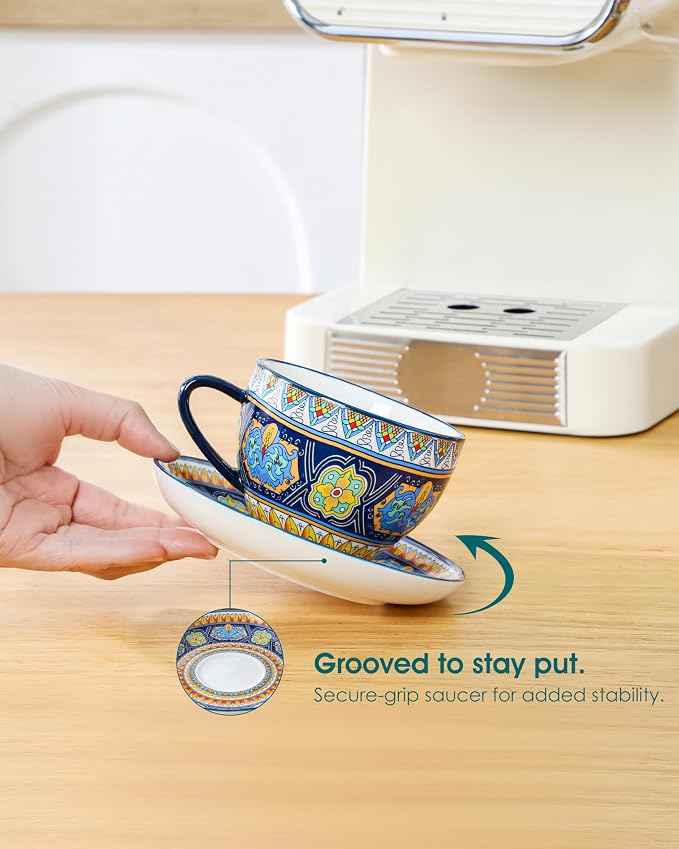 vancasso 8oz Cappuccino Cups with Saucers, Bohemian Coffee Cup for Latte, Espresso, Tea Porcelain Tea Cups and Saucers Set of 6 Teacup Microwave & Dishwasher Safe