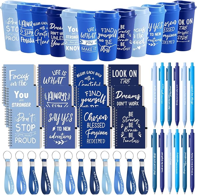 Skylety 12 Sets/48 Pcs Employee Appreciation Gift Baskets Bulk 16oz Inspirational Coffee Cup with Spiral Notebook, Pen & Keychain, Thank You Gifts for Staff, Teacher,Coworker, Team (Gradient Blue)