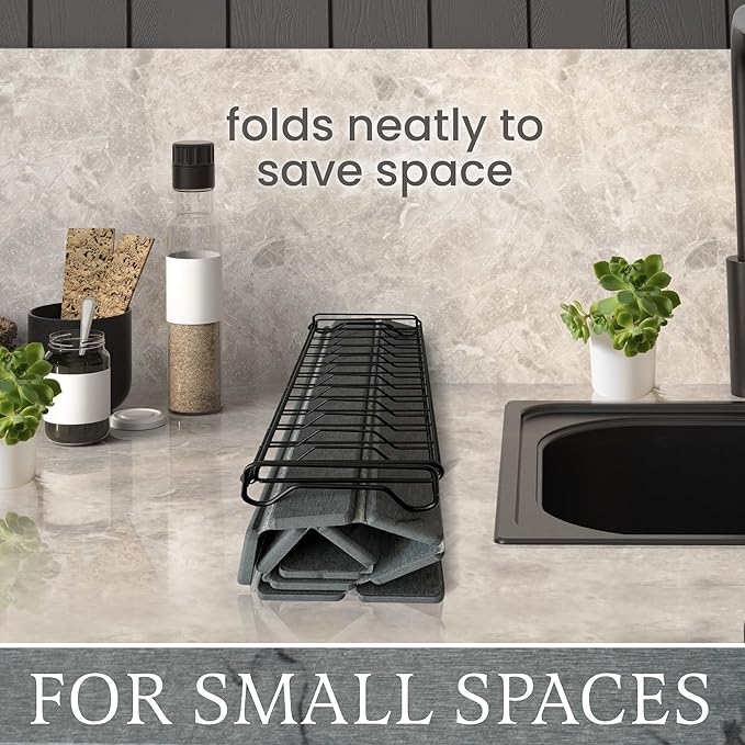 Stone Drying Mat + Foldable Black Metal Dish Rack – Complete 2-Tier Kitchen Drying System – Ultra Absorbent Dark Gray Mat for Plates, Glasses & Cutlery – Modern & Hygienic Counter Organizer - 24"x16"