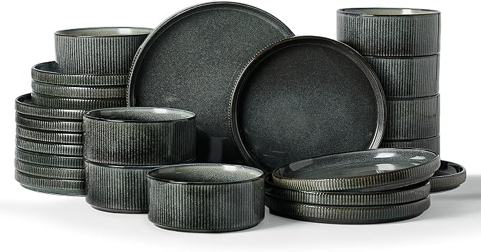 Famiware Star 24-Piece Plates and Bowls Set with Trim, Service for 8 - Stoneware Reactive Glaze Dinnerware, High Edge Ribbed Dishes, Chip & Scratch Resistant, Microwave & Dishwasher Safe, Deep Forest