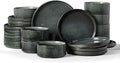 Famiware Star 24-Piece Plates and Bowls Set with Trim, Service for 8 - Stoneware Reactive Glaze Dinnerware, High Edge Ribbed Dishes, Chip & Scratch Resistant, Microwave & Dishwasher Safe, Deep Forest