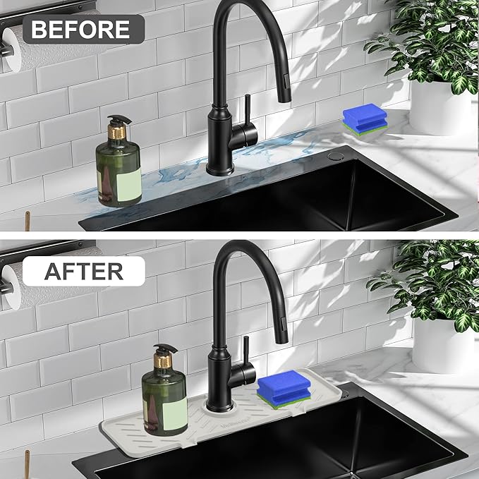 Meiliweser Silicone Faucet Mat for Kitchen Sink – Gen 2 Splash Guard with Upgraded Outlet & Slope – 18” x 5.1” Water Catcher & Sink Sponge Holder for Kitchen and Bathroom (Beige)