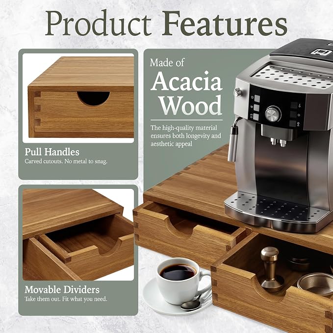 Acacia Wood K Cup Drawer Under Coffee Maker, 30 Pod Wooden K Cup Organizer with Movable Dividers for Countertop, Fits Nespresso Vertuo, Lavazza Capsules, Tea Bags