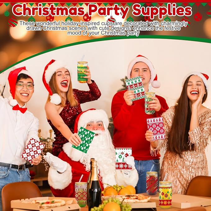 Skylety 12 Set Christmas Gifts Bulk 16 oz Red and Green Glass Cups with Lids Straws Xmas Notebook Sticky Note Pens for Employee Appreciation Women Students School Office Holiday Party Favors