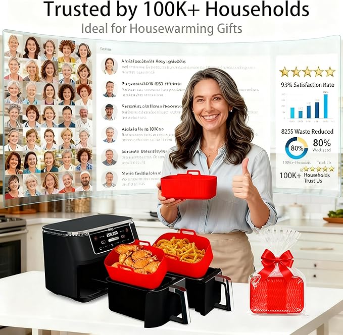 Silicone Air Fryer Liners for Ninja - Reusable DZ201 8QT Dual Basket - Rectangular 2-Pack Vacuum-Packed Easy-Clean Dishwasher-Safe Food-Safe for Home Chefs - Housewarming Gifts