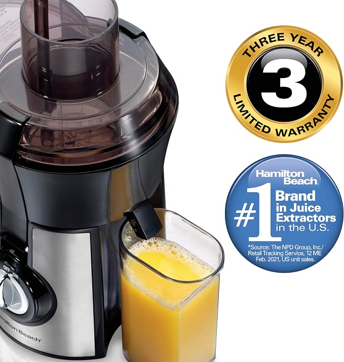 Hamilton Beach Juicer Machine, Big Mouth 3” Feed Chute for Whole Fruits and Vegetables, Easy to Clean, Centrifugal Extractor, Vegetable & Fruit Juicer, BPA Free, 800W Motor, Stainless Steel