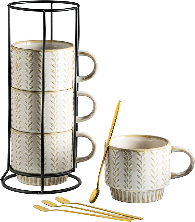 Miamolo Coffee Mugs Set of 4 with Spoons & Stand, Stacking Save the Space | Stackable, Ceramic, 13oz Coffee Mug, for Drinks Latte Cappuccino Tea, for Housewarming Birthday Gift, Dishwasher Safe