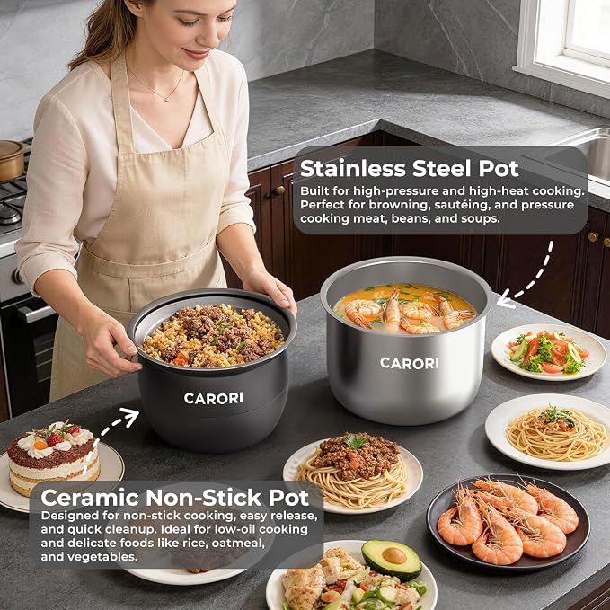 Carori Dual Pot Electric Pressure Cooker, 9-in-1 Multi-Cooker 6 Qt with 2 Inner Pots (Stainless Steel & Nonstick), 12 Programs, Slow Cook, Rice Cook, Steamer, Black
