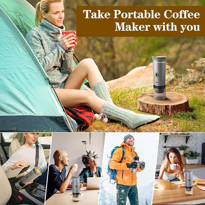 Portable Espresso Maker, Travel Coffee Maker for camping, Portable Espresso Machine with USB-C, 3-in-1 Small Espresso Machine with Ground Coffee & Capsules (NS＆DG) for RV, Hiking (Silver)