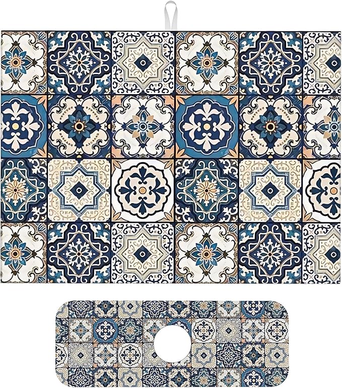 2Pcs Dish Drying Mats Faucet Mats Sets Large Size Coffee Mats Sink Faucet Mat Splash Guard for Kitchen Counter Bathroom Sink Coffee Bar Kitchen Decor (Blue Boho, 18"x24" 15" x 5.5"Set)