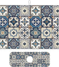 2Pcs Dish Drying Mats Faucet Mats Sets Large Size Coffee Mats Sink Faucet Mat Splash Guard for Kitchen Counter Bathroom Sink Coffee Bar Kitchen Decor (Blue Boho, 18"x24" 15" x 5.5"Set)