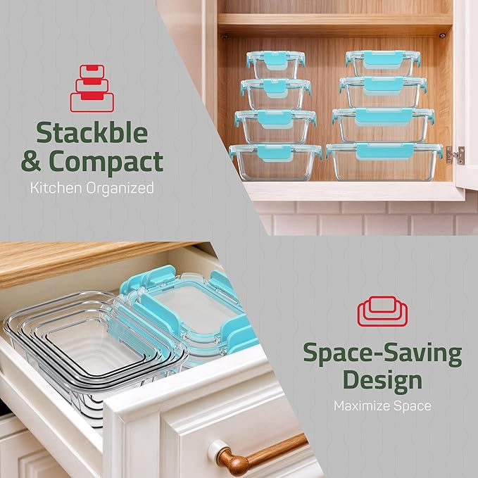 Emporio Kitchen Borosilicate Glass Food Storage Containers with Lids 24 Pieces, BPA-Free Stackable Lunch & Leftover Containers, Microwave, Freezer & Dishwasher Safe, 100% Airtight Leak-Proof, Aqua