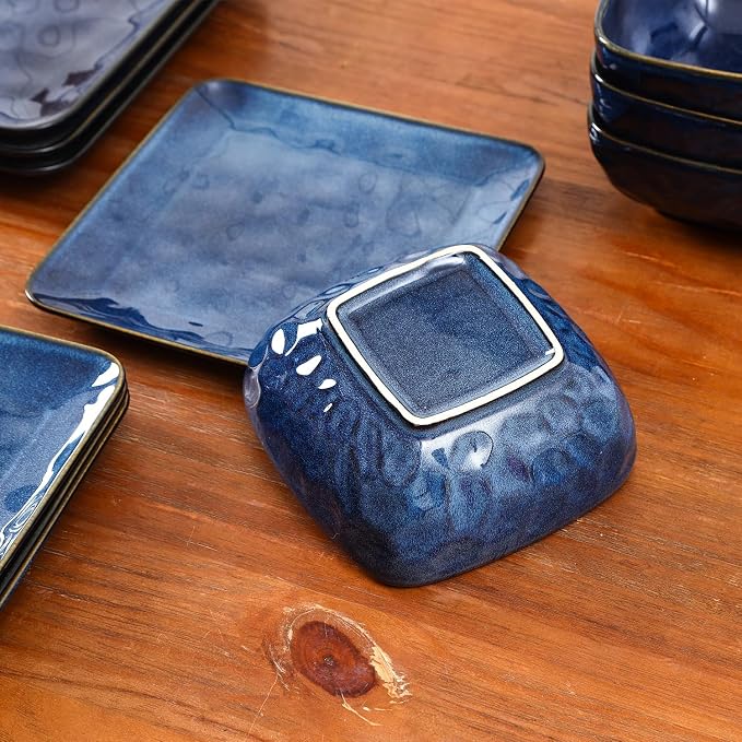 vicrays Ceramic Square 12 Pieces Dinnerware Set - Dinner Plates Salad Plates Cereal Bowls Set Service for 4 - Scratch Resistant Microwave Oven Dishwasher Safe - Blue