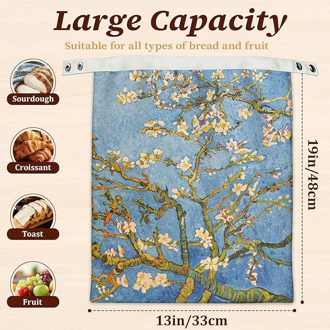 Bread Bags for Homemade Bread, Blossoming Almond Tree Van Gogh 2 Pack Linen and Beeswax Sourdough Storage Bags, Reusable Keeper, Keeps Breads Fresh Longer, Gifts for Bakers