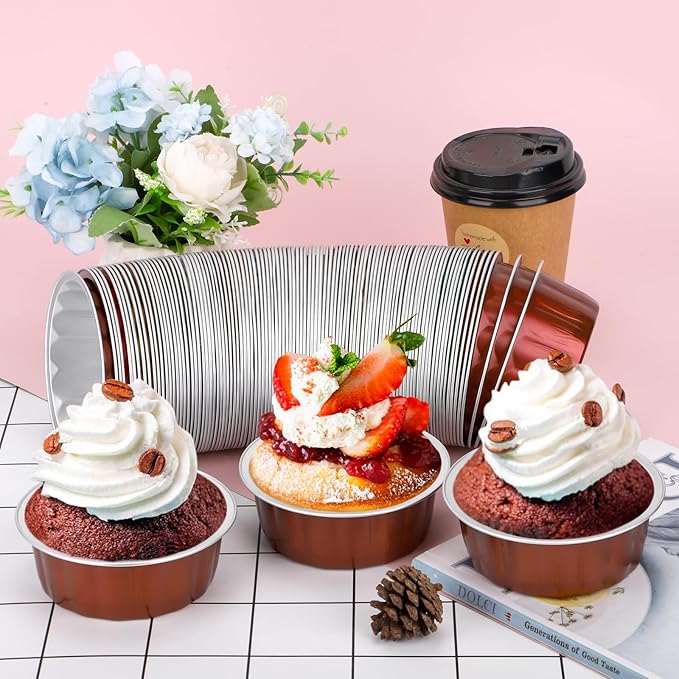 Beasea Aluminum Baking Cups, 100 Pack 8oz 235ml 3.9 Inch Wine Red Round Disposable Ramekins No Lids Foil Cups Cupcake Mini Baking Tins for Social Events Celebrations