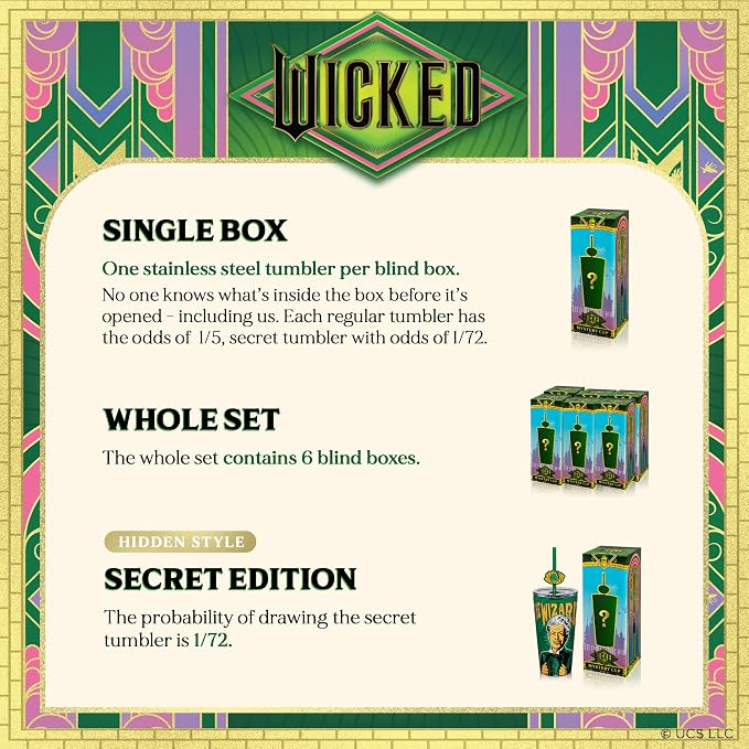 Dragon Glassware x Wicked: For Good 16 oz Blind Box Tumbler - Vacuum Insulated Tumbler Cup with 2 Straws - Stainless Steel Tumbler with Straw Topper for Water, Iced Tea