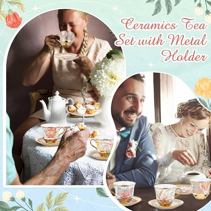 Teenyyou Set of 18 Tea Cups and Saucers Tea Party Decorations Floral Porcelain 5.4 oz British Gift for Women Birthday Party, Church, and Mother's Day (Vibrant Style)