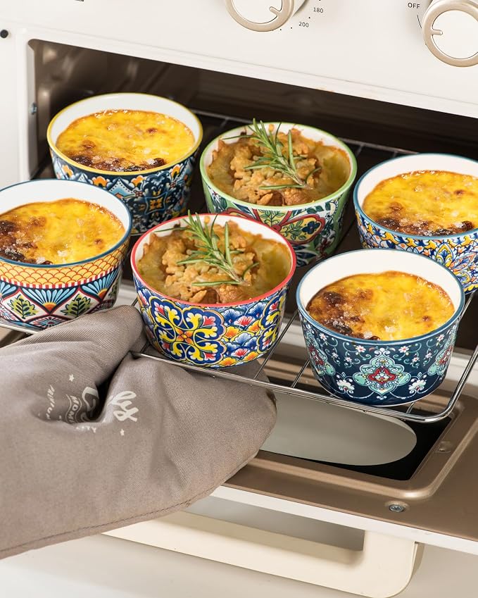 Ramekins Oven Safe for Creme Brulee - Porcelain Pudding Custard Cups 6 oz - Small Serving Bowls for Souffle, Dipping Sauce, Ice Cream, Baking Ramiken Set of 6 - Bohemian Style