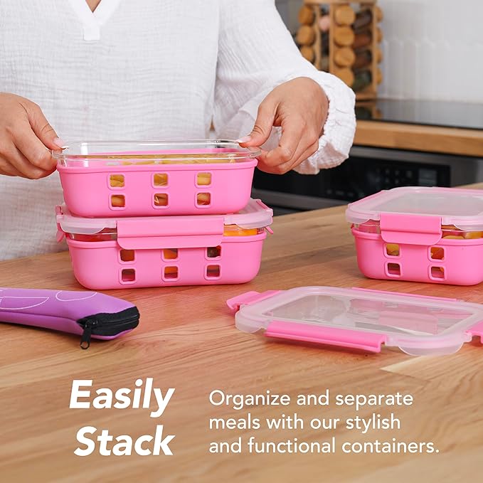 ECOBERI 4.5 Cup Glass Meal Prep Containers with Lids & Silicone Sleeves, 3-Pack Airtight, Leak-Resistant Food Storage Containers for Fridge, Freezer, Oven & Microwave