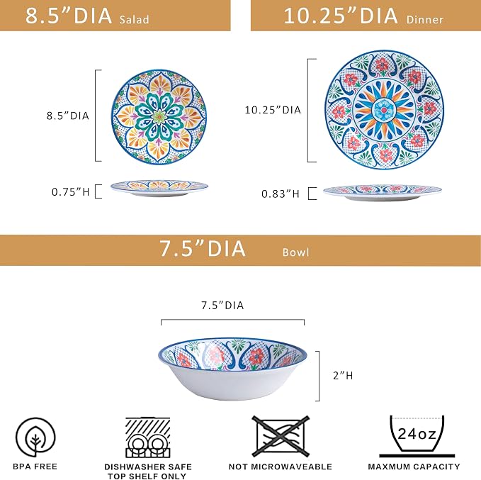 Melamine Dinnerware Sets, 12-Piece Dinner Dishes Set for 4, Durable & Non Breakable Plates Bowls Set, Shatterproof BPA-Free Dishware for Outdoor Dining,Picnic,Camping,RV–Paisley Design