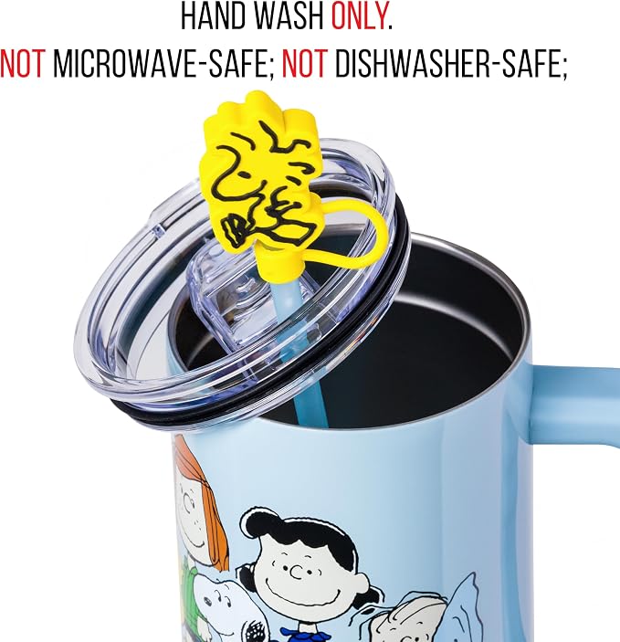 Silver Buffalo Peanuts Gang Charlie Brown, Snoopy, Woodstock, Lucy, Sally, Linus, Double Walled Stainless Steel Tumbler with Handle, Straw, and Straw Cap, Fits in Standard Cup Holder, 40 Ounces