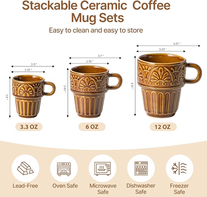 Espresso Cups Set of 6, Cappuccino Cups, Stackable Mug 6 OZ Ceramic Coffee Mug, Microwave & Dishwasher Safe, Tea Cocoa for Family Daily Use & Gathering, Great Gift for Any Special Occasion, Brown