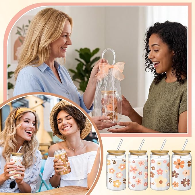 Mumufy 8 Sets Cute Boho Glass Cups with Clear Gift Bag 16 oz Reusable Pink Iced Coffee Mugs Aesthetic Cute Tumbler with Lids and Straws, Gifts for Girls Women Bridesmaid
