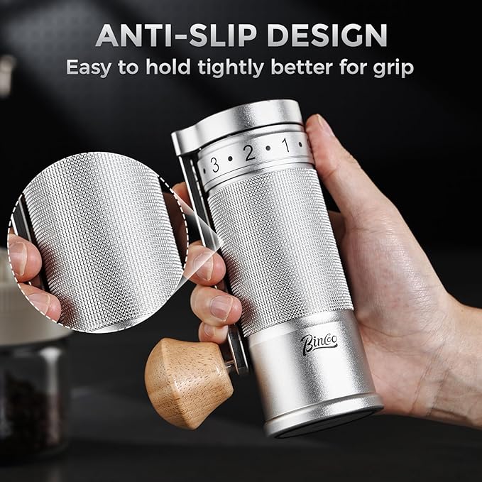 Bincoo Manual Coffee Grinder Manual Foldable Handle– Espresso Hand Coffee Grinder Burr,Compact and Portable for Home/Travel/Camping(Sliver)