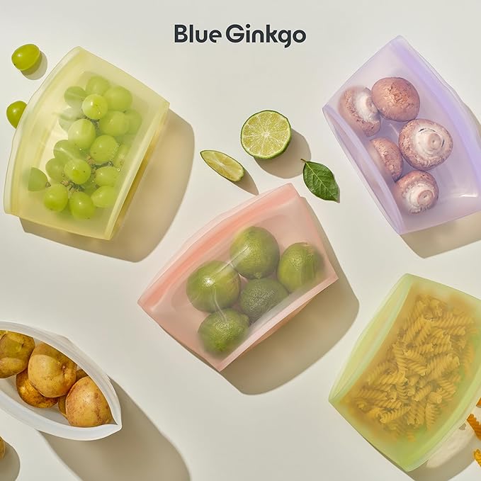 Blue Ginkgo Reusable Silicone Storage Bags – 4-Pack | Korean-Made Stand Up Food, Freezer Bags - Forest Green