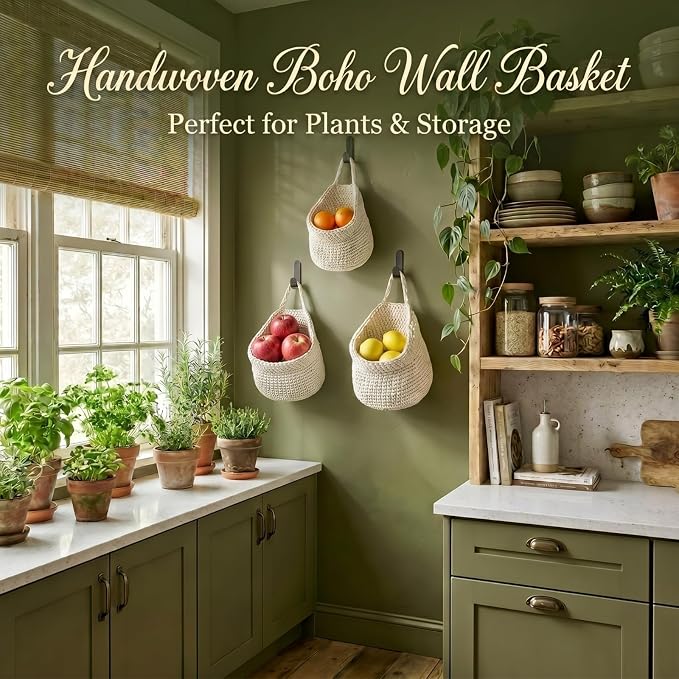 Honeydak Boho Decor Hanging Wall Baskets for Kitchen 3 Pack Teardrop Baskets with Hooks Storage Fruit Onion Vegetable Potato for Home 3 Sizes(White,Barrel,Cotton Rope)