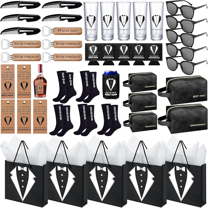 50Pcs Groomsmen Gifts Groomsmen Proposal Box with Shot Glasses Socks Sunglasses PU Leather Toiletry Bag Bottle Opener Can Cooler Groomsman Gifts for Wedding Groomsmen Best Man Gift (50, Black)