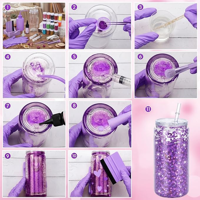 Meanplan 8 Pack DIY Plastic Snow Globe Tumbler Supply Kit 16oz Pre Drilled Double Wall Cup 20 Colors Glitter Squeeze Bottle Funnel Tweezer Syringe Cradle Measuring Cup Flashlight Buffer Glove(Purple)