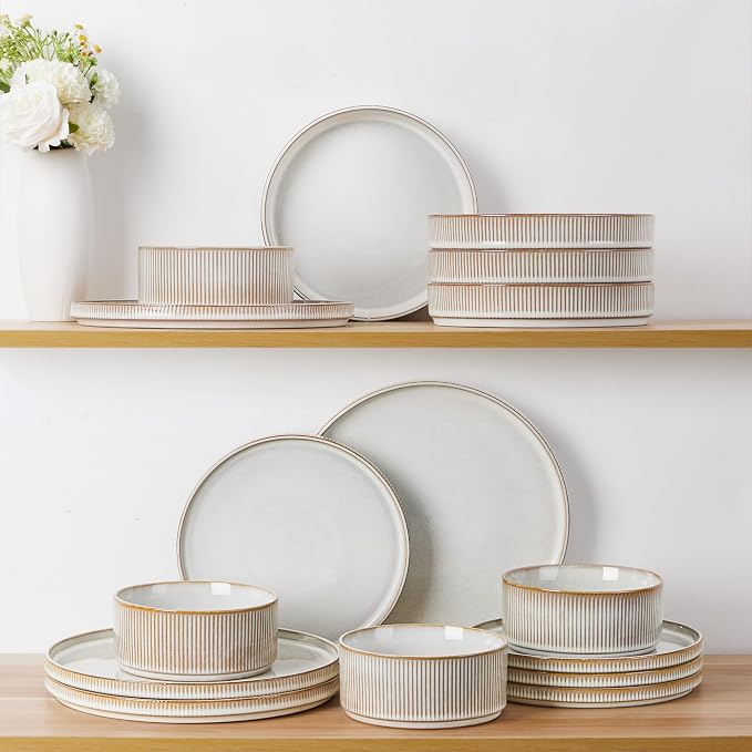 LIANYU 8 Piece Stoneware Plates and Bowls Dishes Set for 2, Dinnerware Sets with Pasta Bowls, Ribbed Dining Ware Dishware for Home Wedding, Microwave and Dishwasher Safe, Dawn Beige
