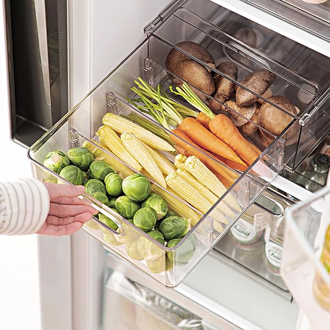 Extra Large Refrigerator Organizer Bins with Pull-out Drawer, Stackable Clear Bins with 3 Dividers, Pantry Organization and Food Storage