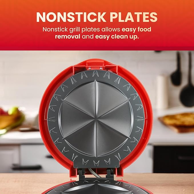 Elite Gourmet EQD-118 Electric Non-Stick 11" Quesadilla Maker, Easy-Slice 6-Wedge, Grilled Cheese Corn Flour Tortilla Snacks, Red