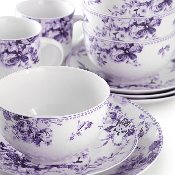 Elama Traditional Rose 16 Piece Porcelain Dinnerwar/Tableware Set, Service for 4 (Purple)