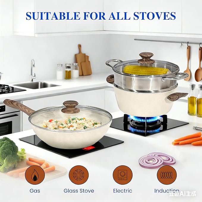 HealSmart 17Pcs Ceramic Cookware Set, Non-Toxic Nonstick Cooking Pots & Pans with Heat Resistant Grips, Complete Induction Compatible Kitchen Kit Including Multi-Size Frying Pans, Beige