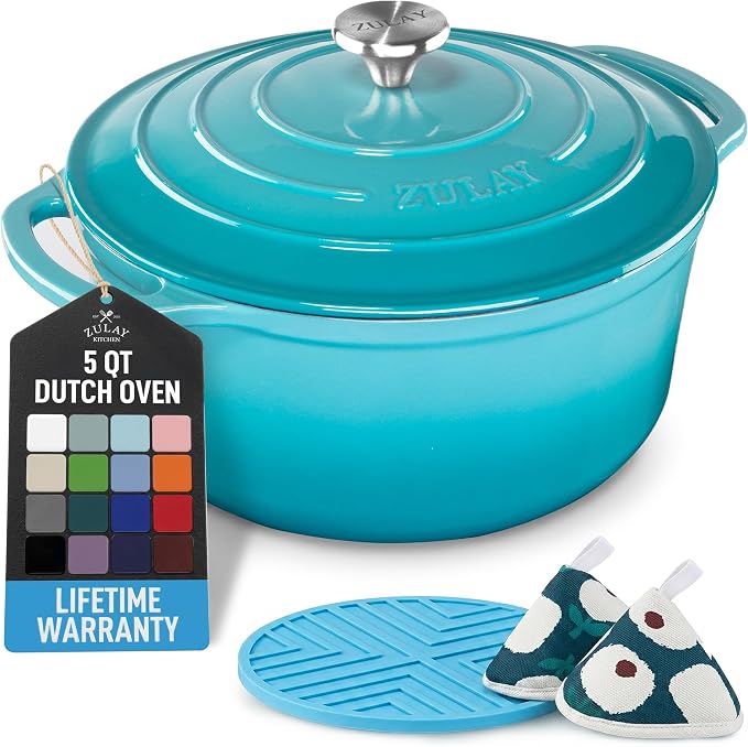 Zulay Kitchen 5 Quart Enameled Cast Iron Dutch Oven Pot with Lid – Premium Durability & Oven Safe up to 500°F – Heavy Duty Cookware Perfect for Bread Baking, Stews, Braising & Roasting – Light Blue
