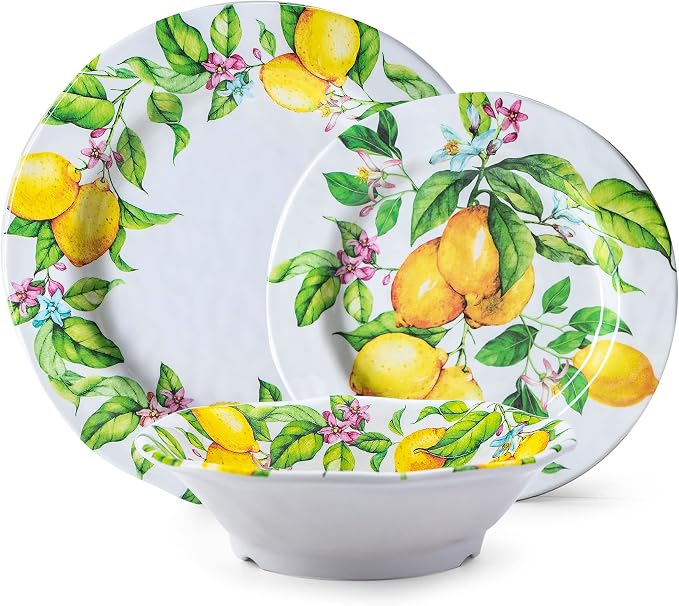 LEHAHA Lemon Melamine Dinnerware Dish Set – 12 Piece Indoor and Outdoor Plates and Bowls Sets for Everyday Use, Dishwasher Safe, Unbreakable Kitchen Dinner Set, Service for 4…