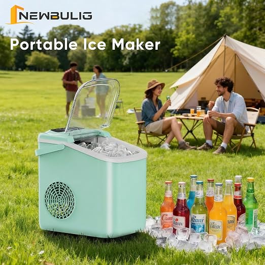 NEWBULIG Ice Maker, Countertop Ice Machine with Handle | 9 Bullet Cubes in 6-8 Mins, 26lbs Daily, Self-Cleaning with Basket and Scoop for Home/Kitchen/Camping/RV