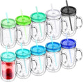 Suclain 10 Pack Plastic Mason Jars with Handles, Lids and Straws Mouth Mason Jar Mugs 20 oz Double Insulated Tumbler with Straw Large Clear Plastic Mug for Adults(Fresh Color)