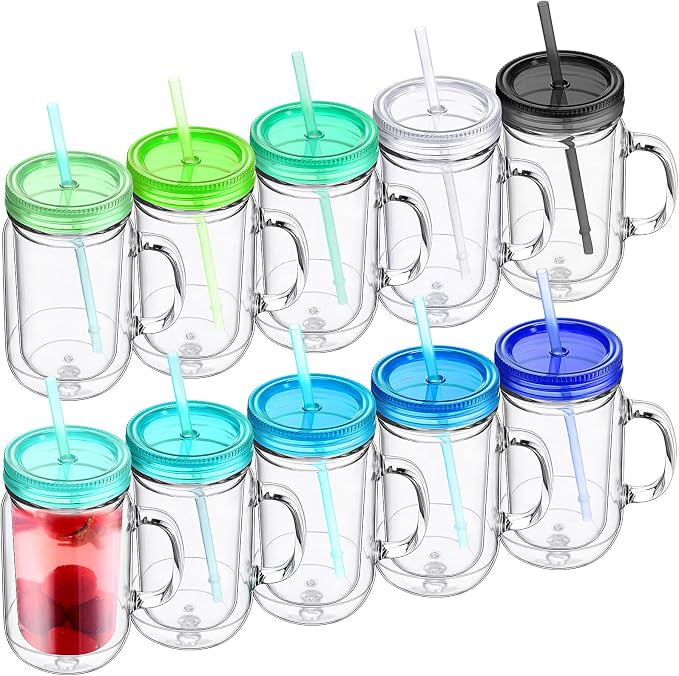 Suclain 10 Pack Plastic Mason Jars with Handles, Lids and Straws Mouth Mason Jar Mugs 20 oz Double Insulated Tumbler with Straw Large Clear Plastic Mug for Adults(Fresh Color)