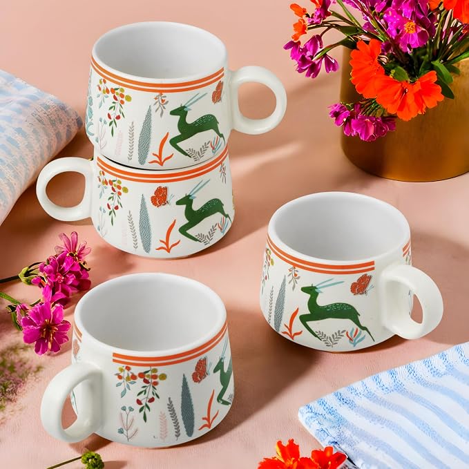 Servo Best Handmade Cermaic Tea Cup Set of 4-5 Oz Small Cups for Espresso, Cappuccino, Tea, Chai – Dishwasher & Microwave Safe – Gift Set for Coffee Lovers, Kitchen, Home, Office - Multicolor Jungle