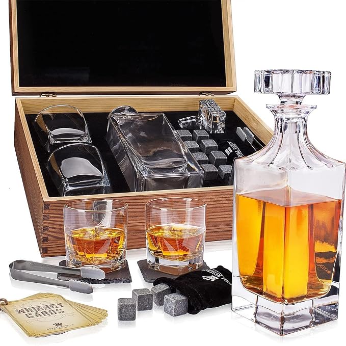 Whiskey Decanter Gift Set by Royal Reserve – Liquor Bourbon Decanter 24 oz 750 ml with Glasses, Chilling Stones, Coasters and Tong – Whiskey Gifts for Men, Husband, Dad, Boyfriend