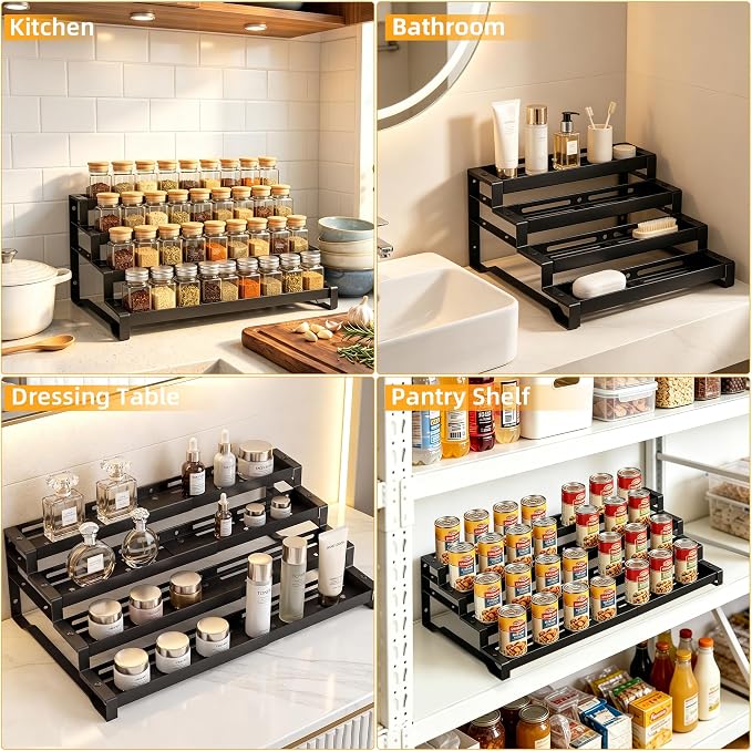 4-Tier Spice Rack Organizer, 13"-21.5" Expandable Spice Organization Shelf, Metal Seasoning Organizer for Kitchen Countertop or Pantry, Slip-Resistant Design for Jars and Bottles, Black