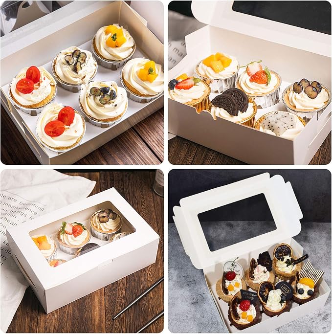 EUSOAR Cupcake Boxes 6 Count, 50pcs 9.4"x 6.2"x 3.0" Kraft Muffin Cupcake Box Carrier with Insert and Display Window, Take Out togo Cupcake Muffin Containers Favor Boxes Individual