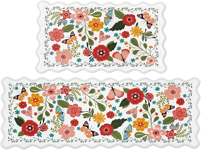 Arenarug Scalloped Kitchen Mats for Floor 2PC Cushioned Anti Fatigue Kitchen Mats Rugs Waterproof Non Slip Farmhouse Boho Floral Comfort Foam Standing Mat for Sink Laundry, White